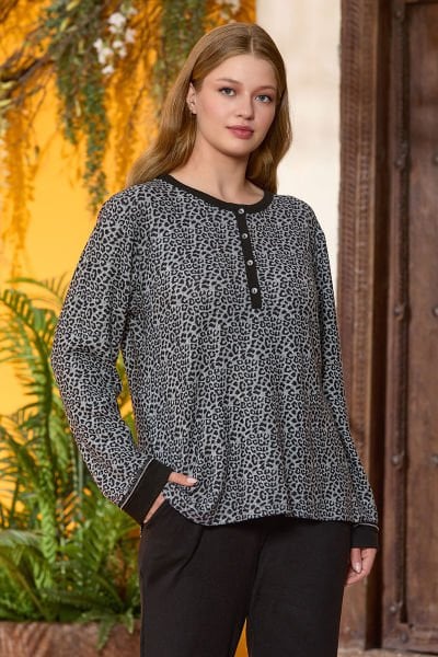 Leopar Desen Uzun Kol Pijama Takımı CossybyAqua 25171 (Geniş Beden Aralığı)