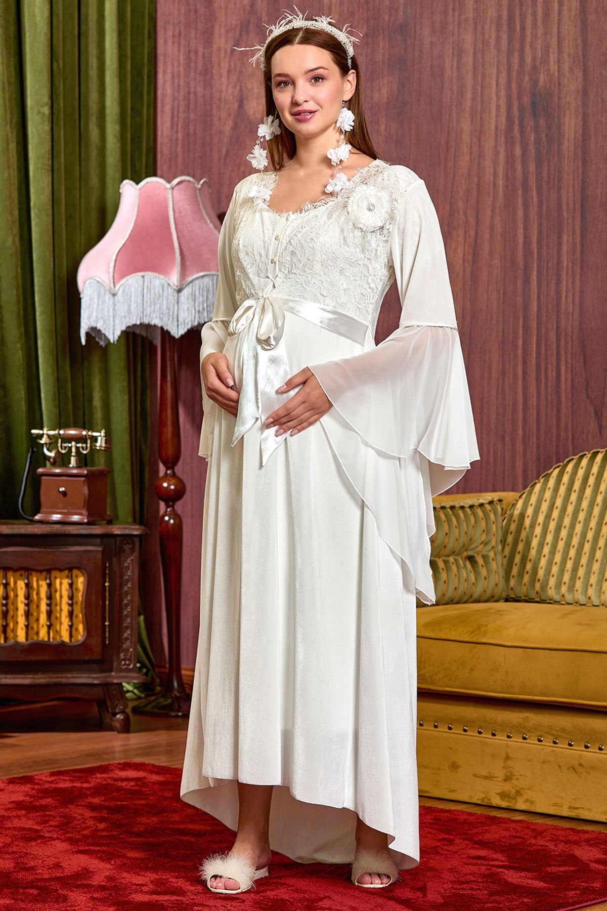 Kadife Dantel Detaylı Lohusa Sabahlık CossybyAqua 25134