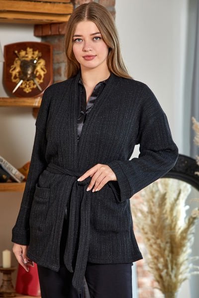 Simli Kumaş Kuşaklı Triko Ceket Cossy By Aqua 23087