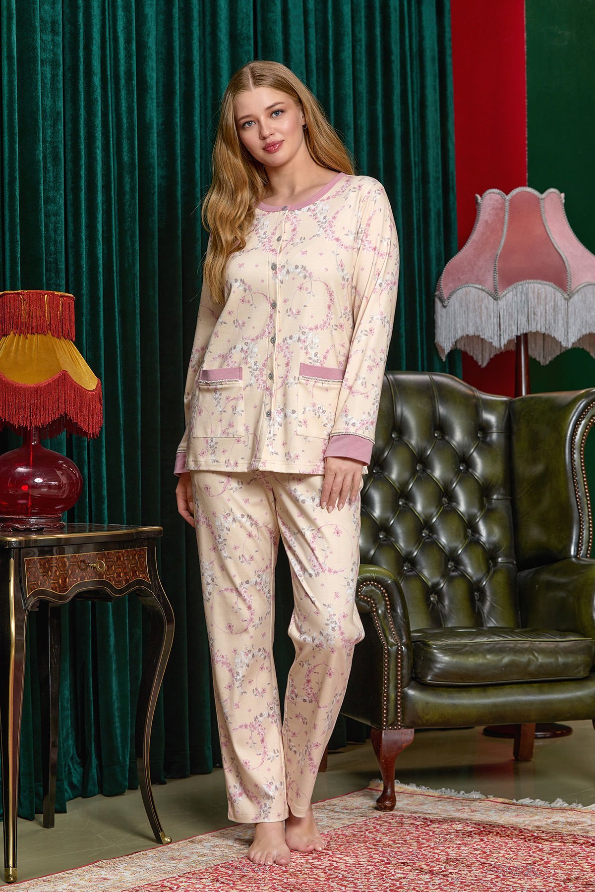 Uzun Kol Önden Düğmeli Cep Detay Pijama Takım CossybyAqua 25188