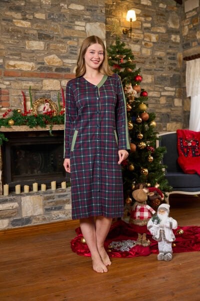 Ekose Desen Önden Düğmeli Gecelik CossybyAqua 26208