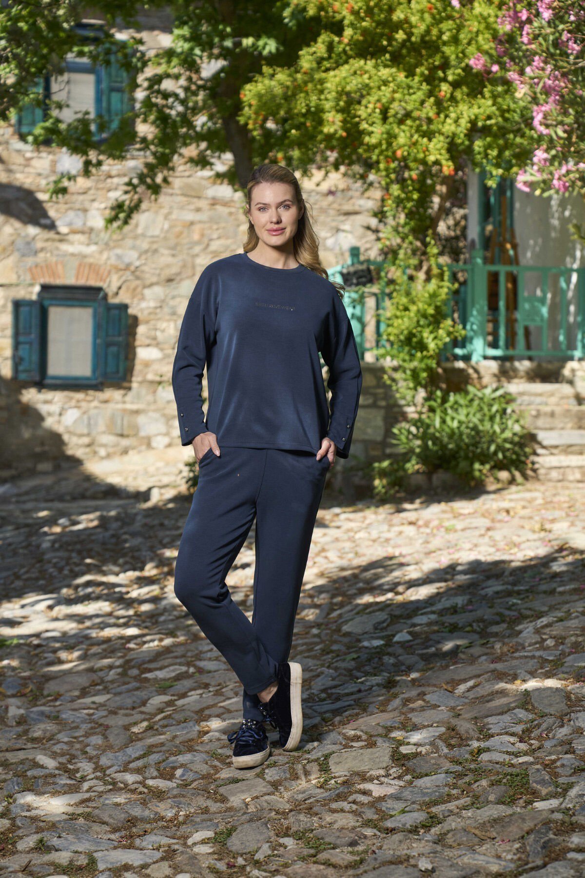 Taş Baskılı Düğme Detay Kadın Spor 2'li Takım CossybyAqua 26116 Petrol