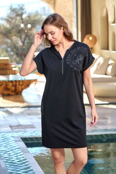 Baskı Detay Kapüşonu File Elbise CossybyAqua 25814