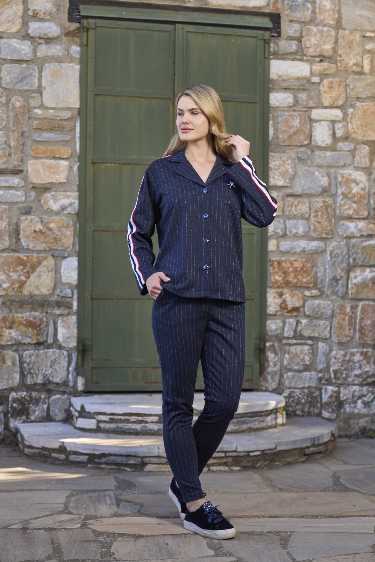 Çizgi Desen Önden Düğmeli Spor Eşofman Takımı CossybyAqua 26054