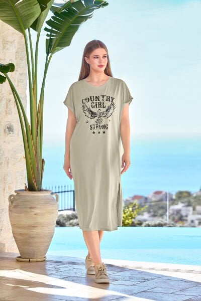 Kısa Kol Baskılı Yırtmaç Detay Elbise CossybyAqua 25805