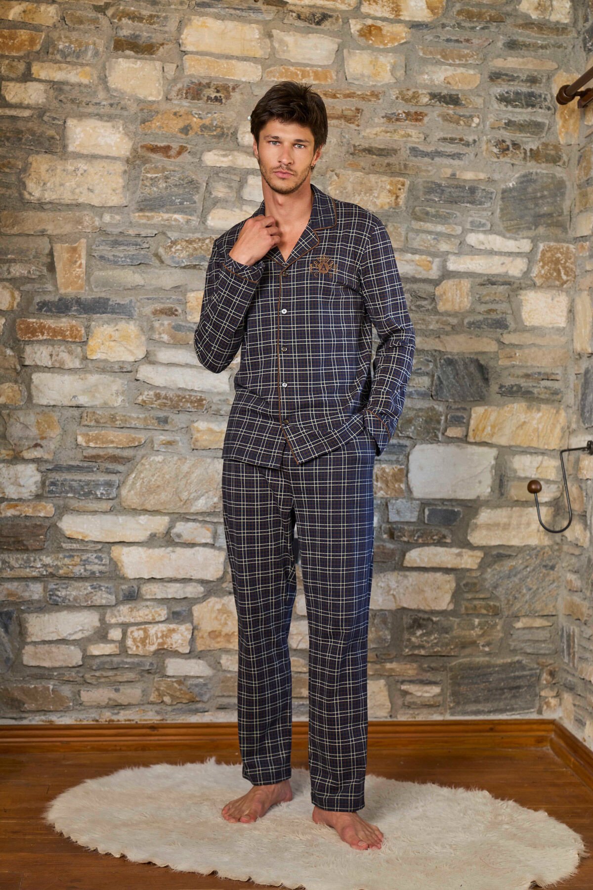 Önden Düğmeli Ekose Desen Erkek Pijama Takımı CossybyAqua 26155