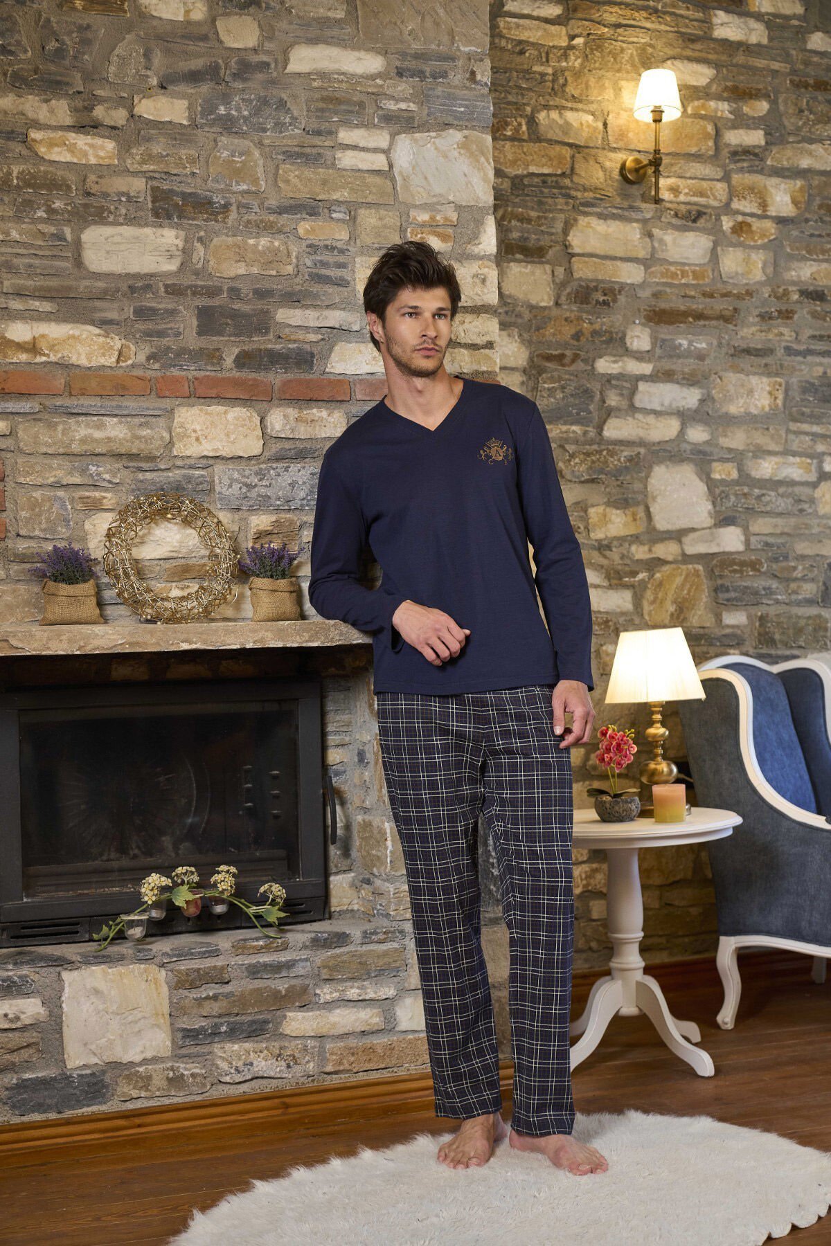 Uzun Kol Ekose Desen Erkek Pijama Takımı CossybyAqua 26156