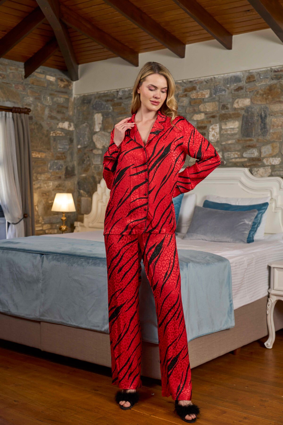 Saten Desenli 3'lü Pijama Takımı CossybyAqua 26338