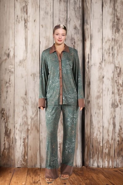Uzun Kol Gömlek Pijama Takımı CossybyAqua 26390 40 - YEŞİL