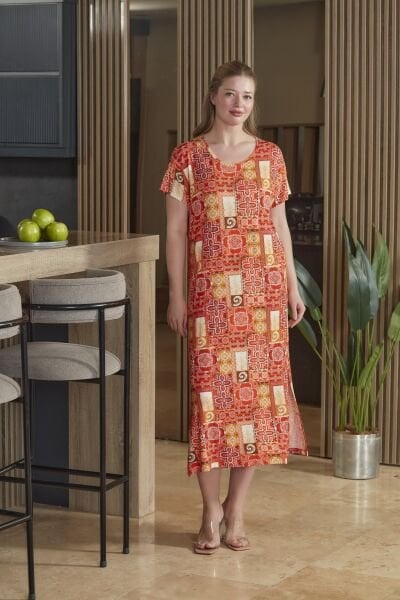 Kısa Kol Desenli Midi Ev Elbisesi CossybyAqua 26678