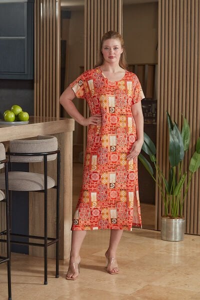 Kısa Kol Desenli Midi Ev Elbisesi CossybyAqua 26678