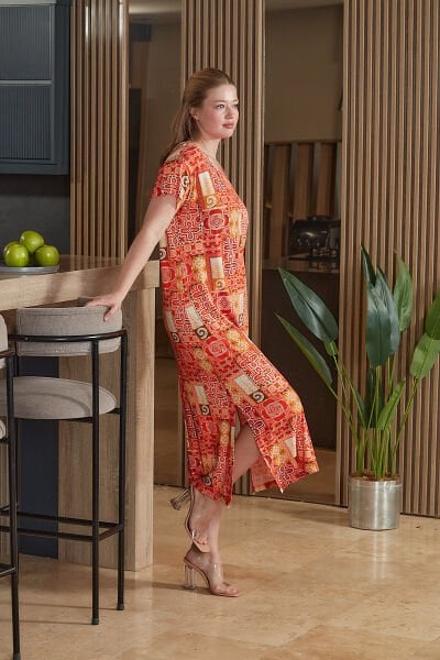 Kısa Kol Desenli Midi Ev Elbisesi CossybyAqua 26678