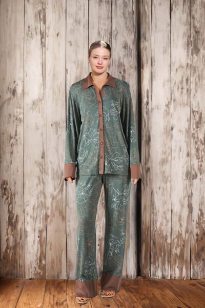 Uzun Kol Gömlek Pijama Takımı CossybyAqua 26390 42 - YEŞİL