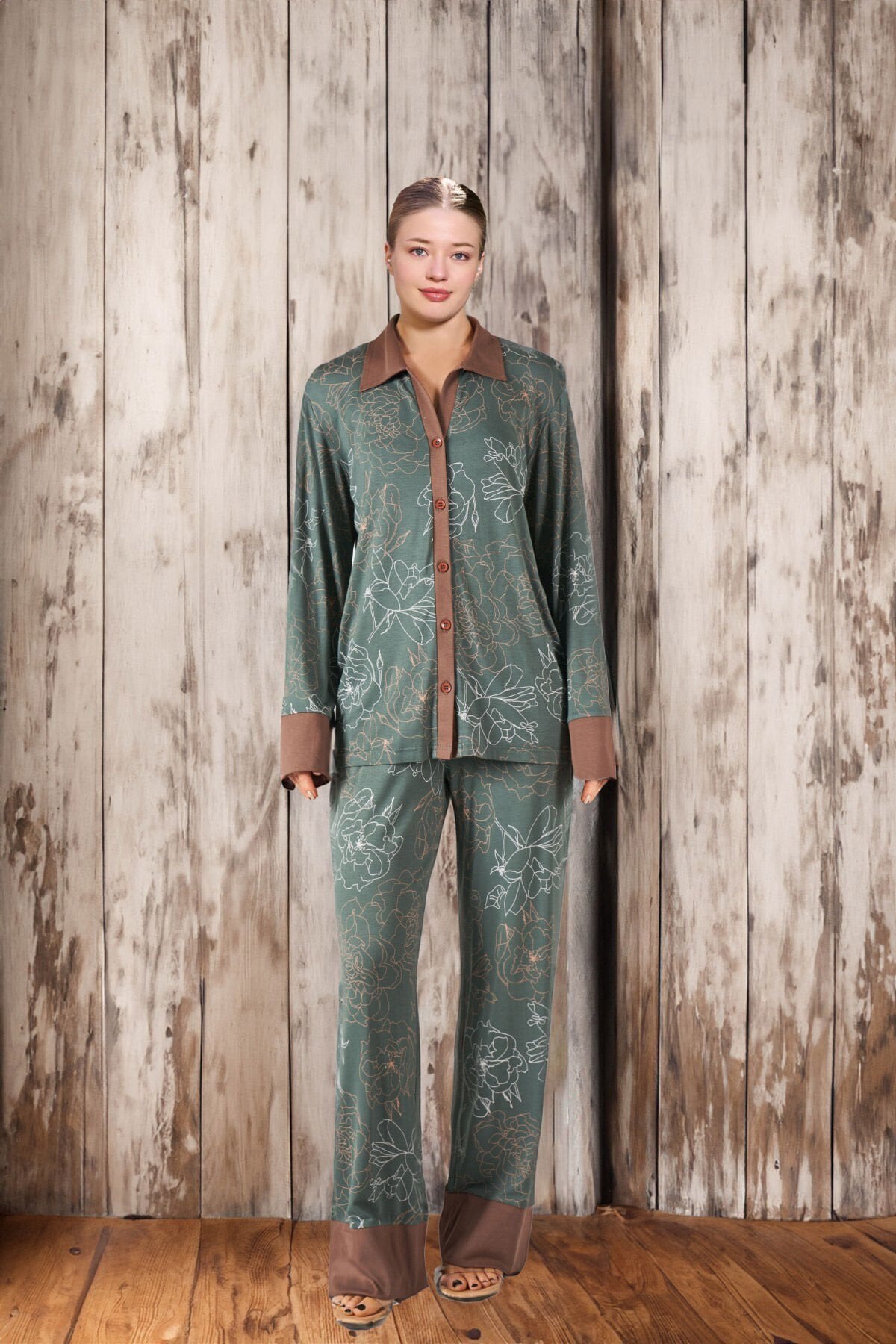 Uzun Kol Gömlek Pijama Takımı CossybyAqua 26390 46 - YEŞİL