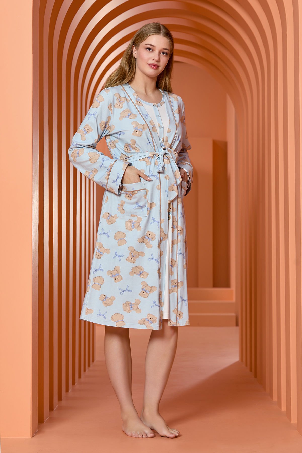 Desenli Kuşak Detay Lohusa Sabahlık CossybyAqua 25125