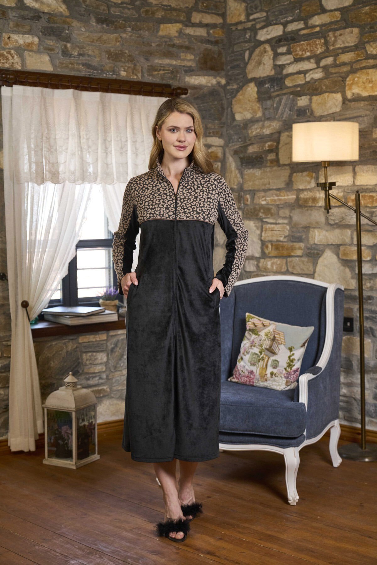 Leopar Desen Detaylı Önden Fermuarlı Kadife Elbise CossybyAqua 26283