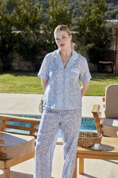 Kısa Kol Desenli Gömlek Pijama Takımı CossybyAqua 26552