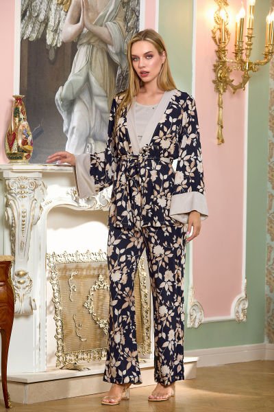 Saten Desenli Sabahlıklı 3'lü Pijama Takımı CossybyAqua 25197