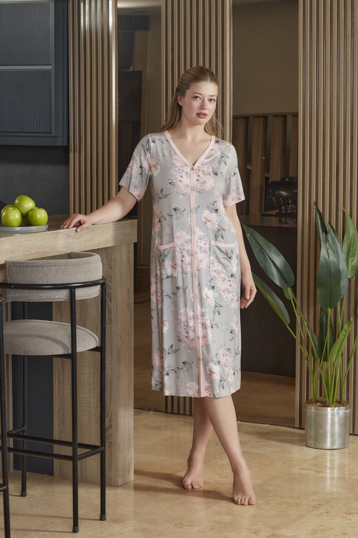 Kısa Kol Desenli Cep Detay Rahat Kalıp Ev Elbisesi CossybyAqua 26589