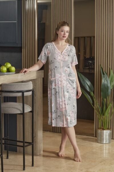 Kısa Kol Desenli Cep Detay Rahat Kalıp Ev Elbisesi CossybyAqua 26589