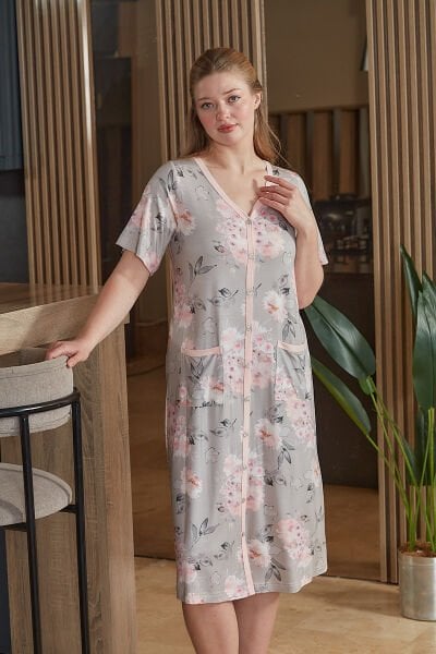 Kısa Kol Desenli Cep Detay Rahat Kalıp Ev Elbisesi CossybyAqua 26589