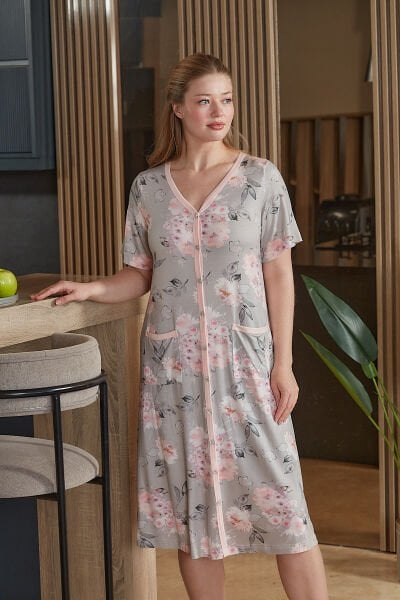 Kısa Kol Desenli Cep Detay Rahat Kalıp Ev Elbisesi CossybyAqua 26589