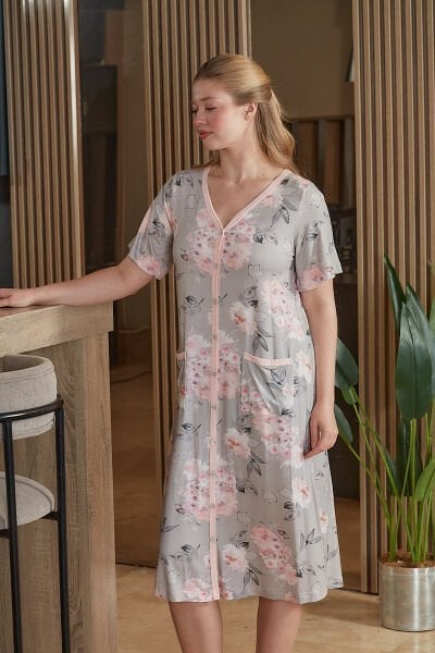 Kısa Kol Desenli Cep Detay Rahat Kalıp Ev Elbisesi CossybyAqua 26589