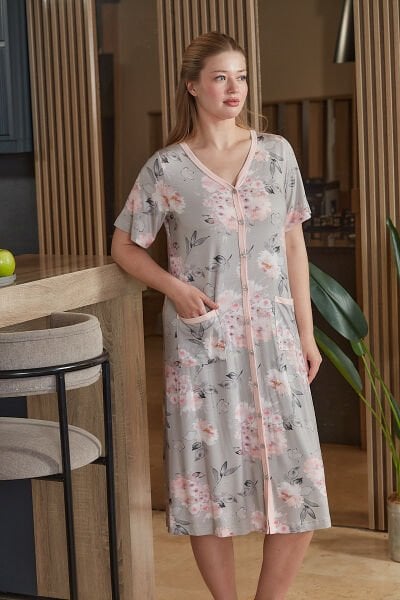 Kısa Kol Desenli Cep Detay Rahat Kalıp Ev Elbisesi CossybyAqua 26589