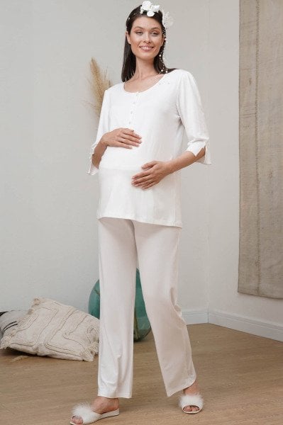 Dirsek Kol Sade Bel Ayarlı Lohusa Hamile Pijama Takım