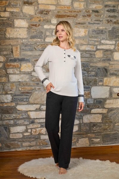 Baskı Detay Uzun Kol Büyük Beden Pijama Takımı CossybyAqua 26260