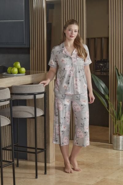 Kısa Kol Önden Düğmeli Pijama Kapri Takım CossybyAqua 26590