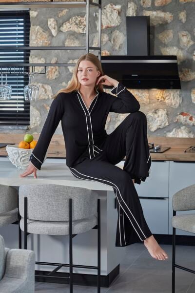 Uzun Kol Önden Düğmeli Biye Detay Pijama Takımı CossybyAqua 27110