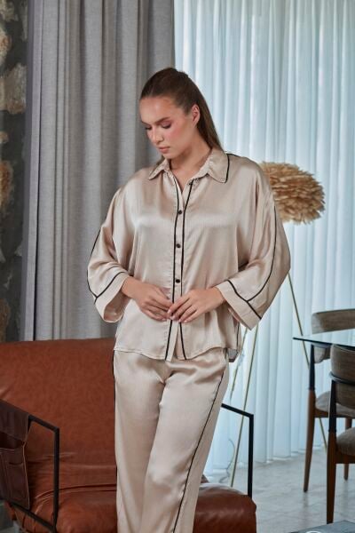 Uzun Kol Önden Düğmeli Saten Gömlek Pijama Takımı CossybyAqua 27138