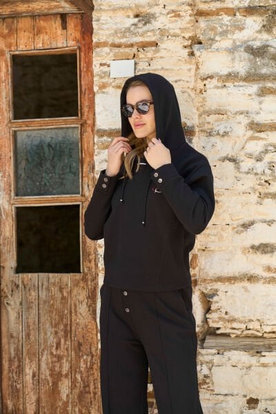 Kapüşonlu Kadın Eşofman Takımı CossybyAqua 26037 Siyah