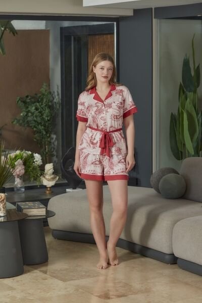 Gömlek Yaka Kuşak Detay Kısa Kol Pijama Şort Takım CossybyAqua 26689