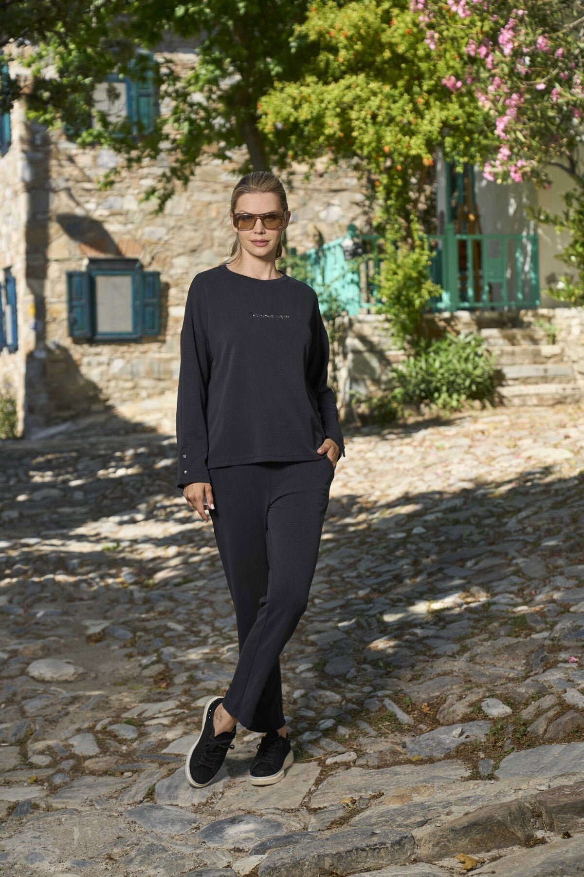 Taş Baskılı Düğme Detay Kadın Spor 2'li Takım CossybyAqua 26116 Antrasit