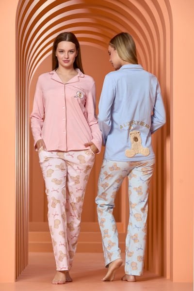 Uzun Kol Ayıcık Baskılı Gömlek Pijama Takımı CossybyAqua 25022