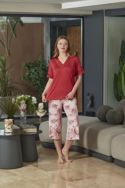 Kısa Kol Yırtmaç Detay Pijama Kapri Takım CossybyAqua 26692