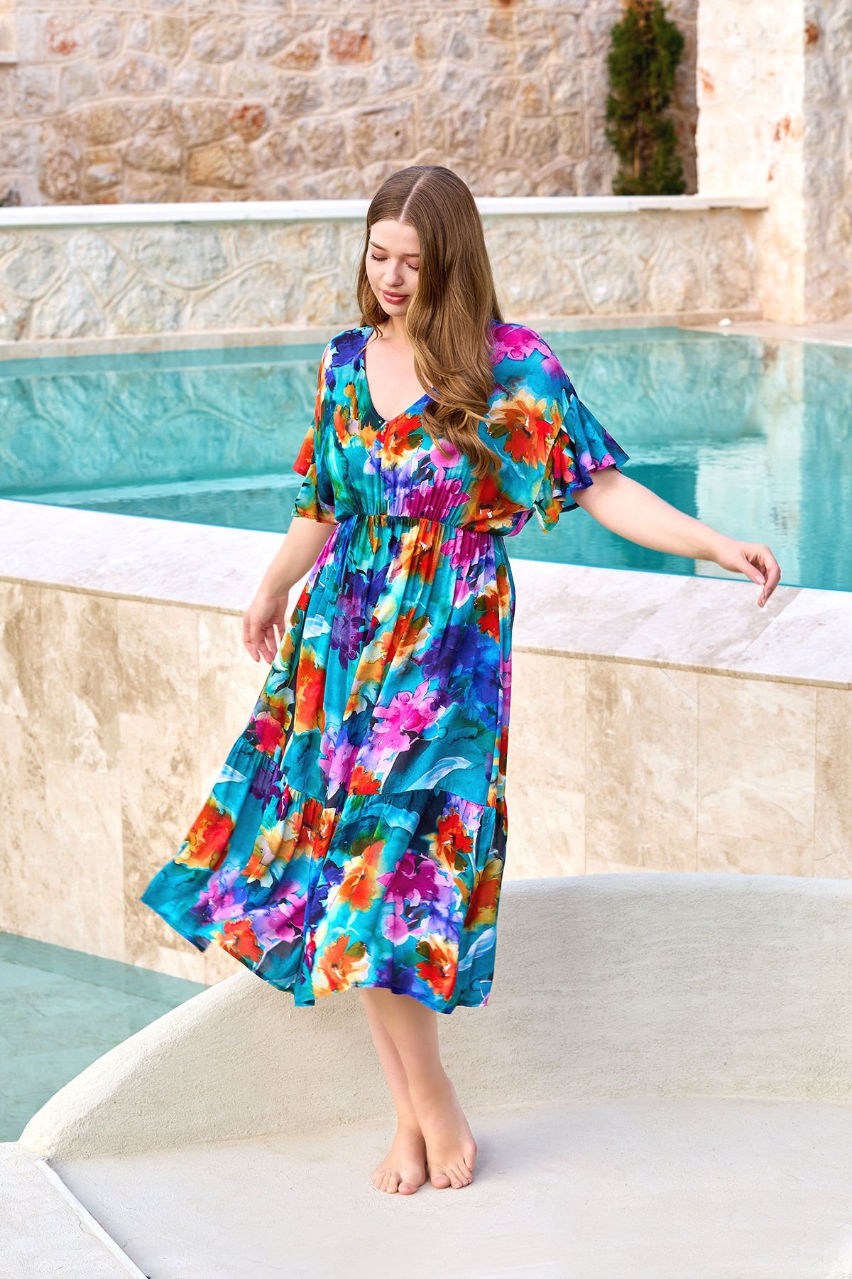 Kısa Kol Bel Büzgülü Midi Elbise CossybyAqua 25683