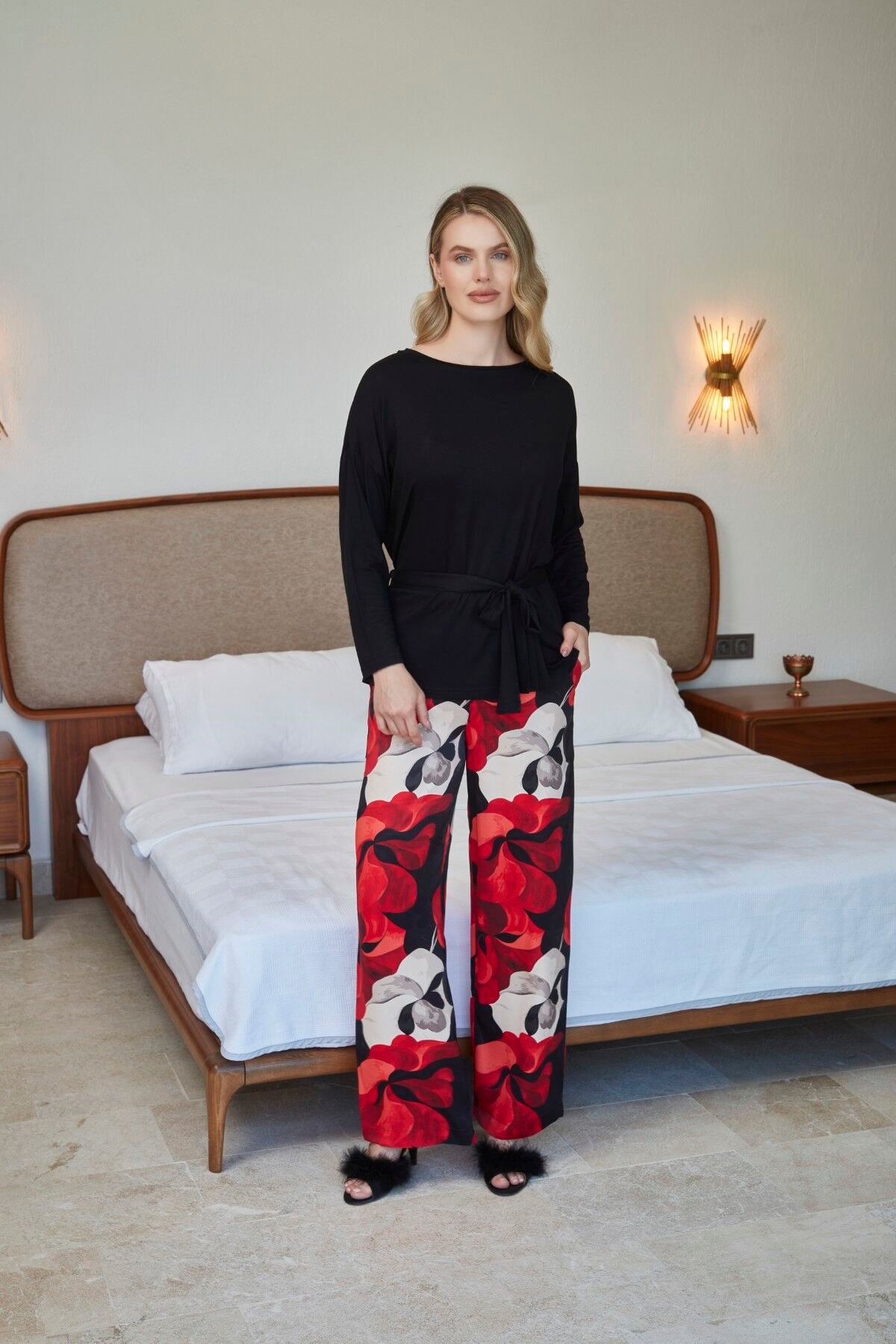 Uzun Kol Desenli Kumaş Pijama Takımı CossybyAqua 27217
