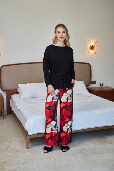 Uzun Kol Desenli Kumaş Pijama Takımı CossybyAqua 27217