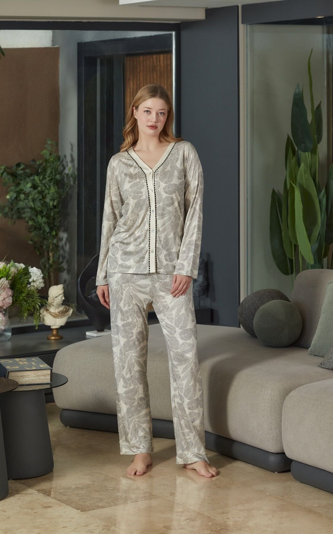 Uzun Kol Önden Düğmeli Pijama Takımı CossybyAqua 26601