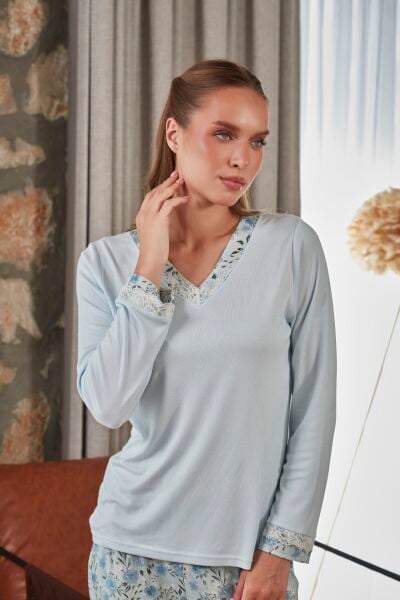 V Yaka Uzun Kol Desenli Büyük Beden Pijama Takımı CossybyAqua 27239