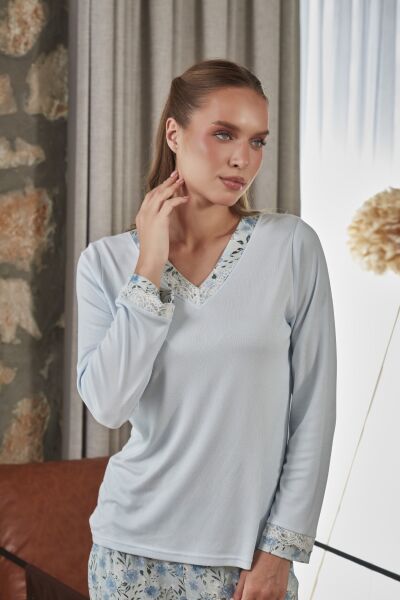 V Yaka Uzun Kol Desenli Büyük Beden Pijama Takımı CossybyAqua 27239
