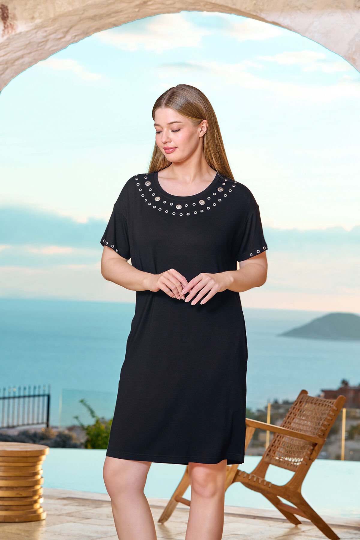 Kısa Kol Kuşgözü Detay Elbise Cossy By Aqua 25803