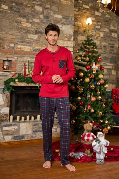 Uzun Kol Ekose Desen Erkek Pijama Takımı CossybyAqua 26163 Kırmızı