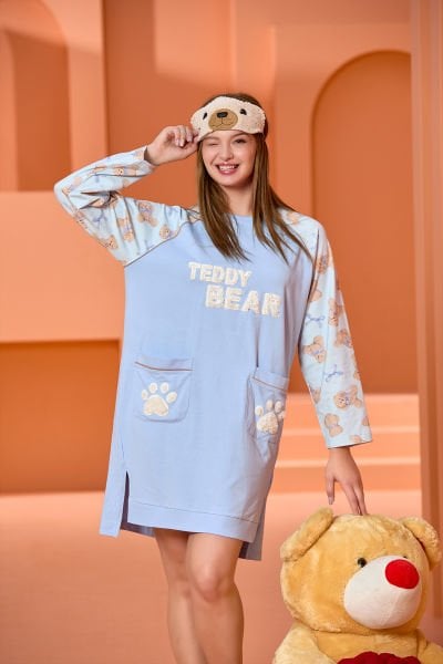 Uzun Kol Baskı Detaylı Gecelik CossybyAqua 25024