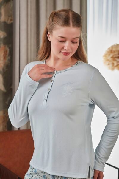 Uzun Kol Desenli Büyük Beden Pijama Takımı CossybyAqua 27242