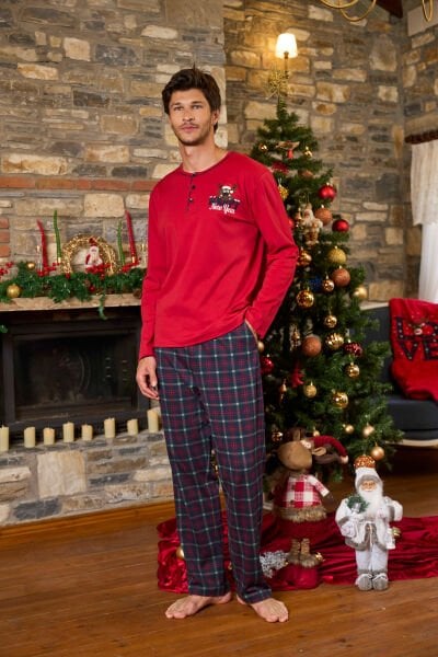 Yeni Yıl Temalı Ekose Desen Erkek Pijama Takımı CossybyAqua 26164 Kırmızı