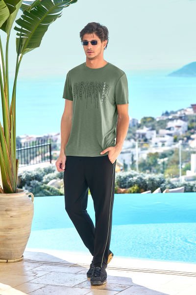 Baskılı Kısa Kol Erkek 2'li Takım CossybyAqua 25938 M - HAKİ-SİYAH